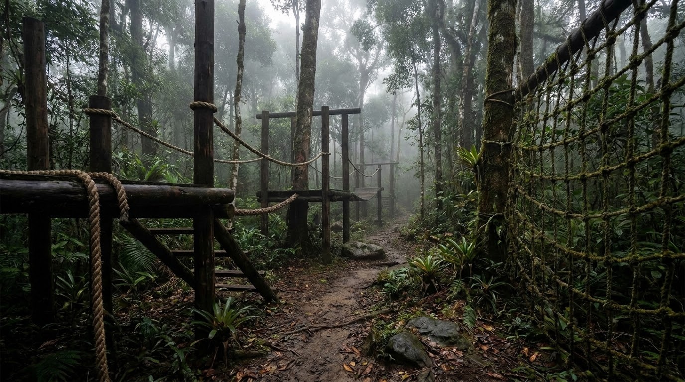 Pista técnica da Arena Viper: estruturas de madeira, cordas e rede de progressão entre árvores na neblina da manhã