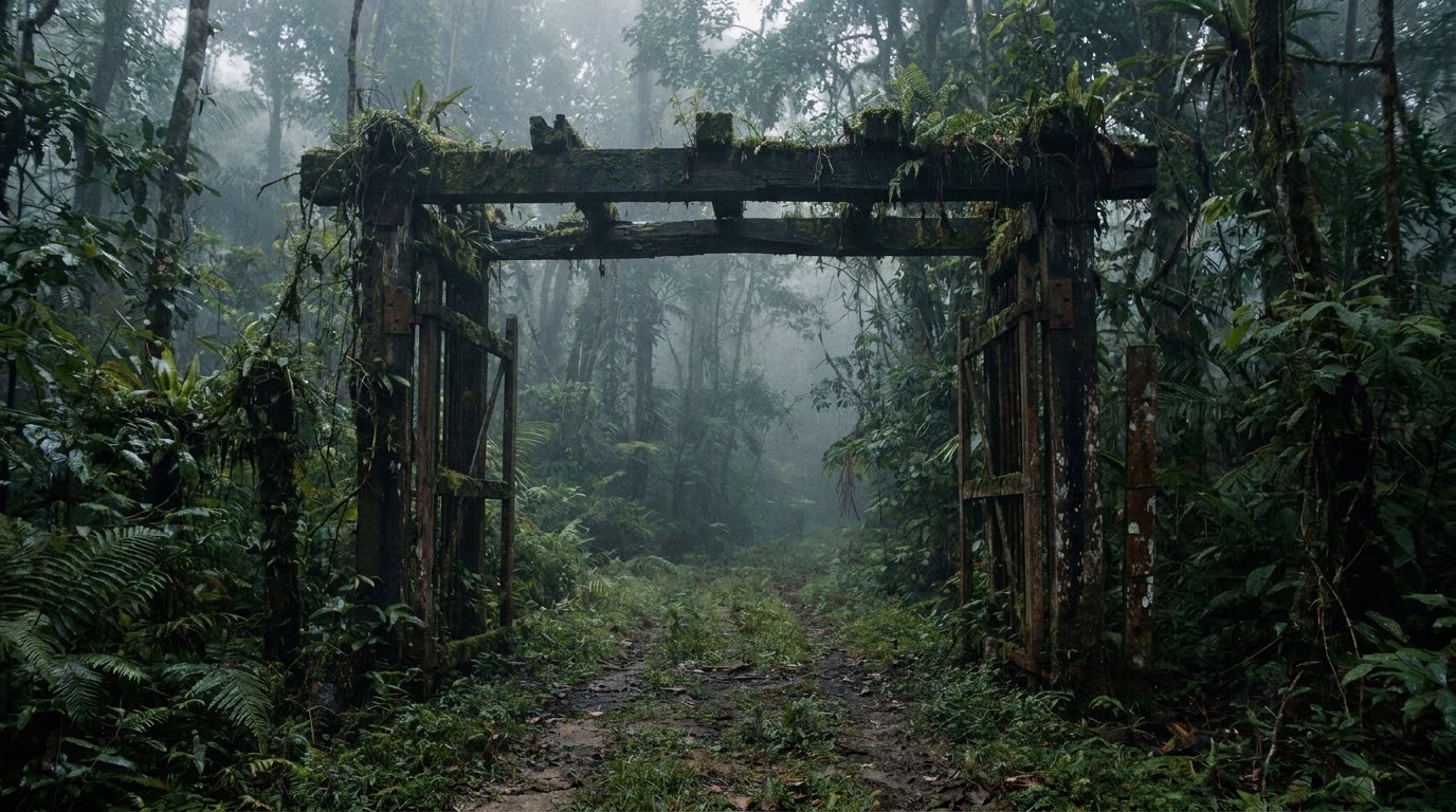 Pórtico de madeira na entrada da trilha da Arena Viper, entre árvores altas e neblina