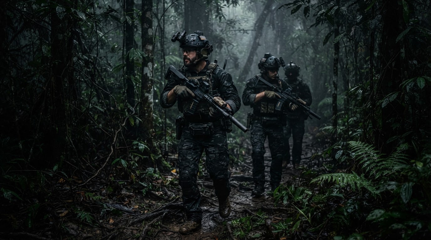 Operadores em progressão na selva amazônica densa de Santarém