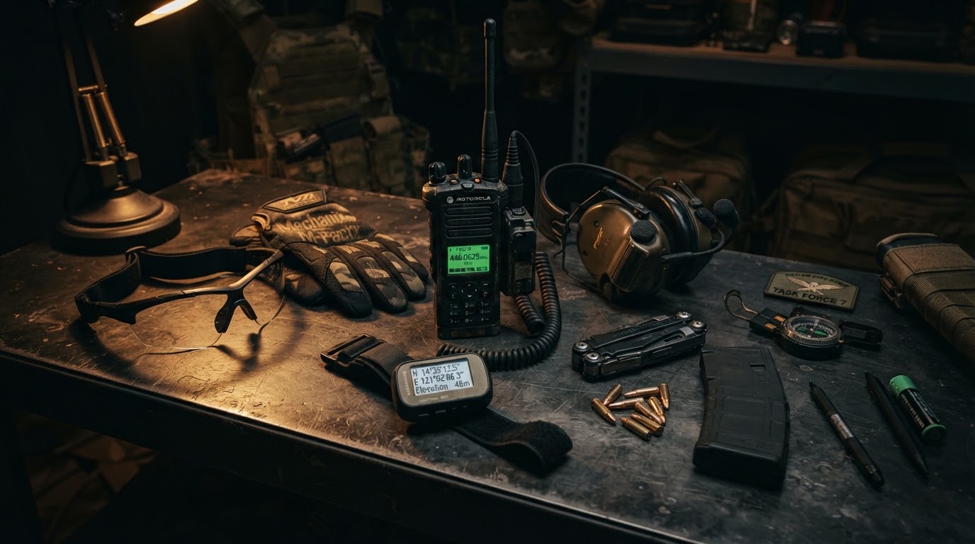 Mesa tática com rádio comunicador, bússola, óculos balísticos e mapa operacional