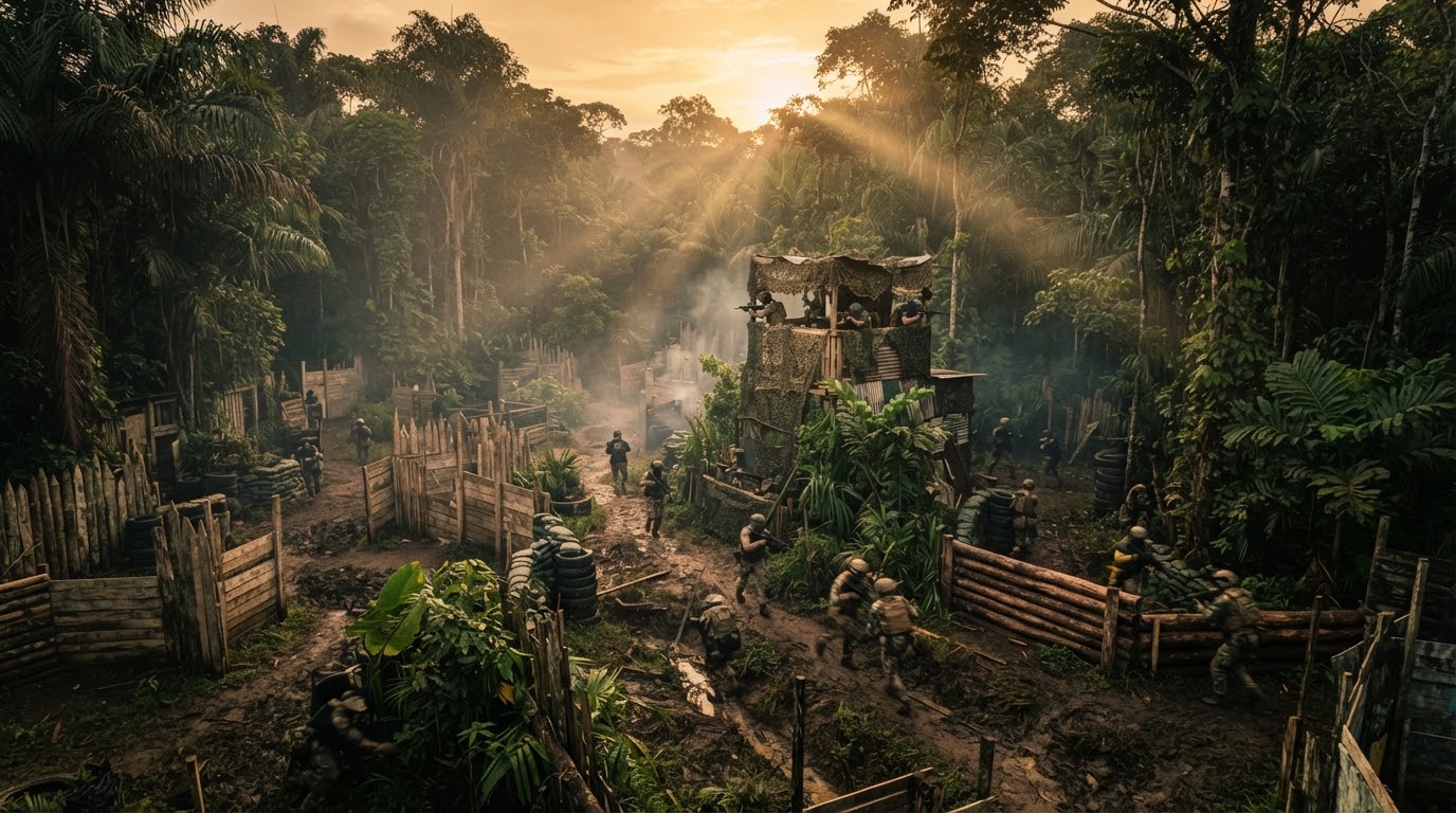 Arena Viper campo de airsoft em meio à selva amazônica com trincheiras, torre de vigia de madeira e luz solar dourada entre as árvores